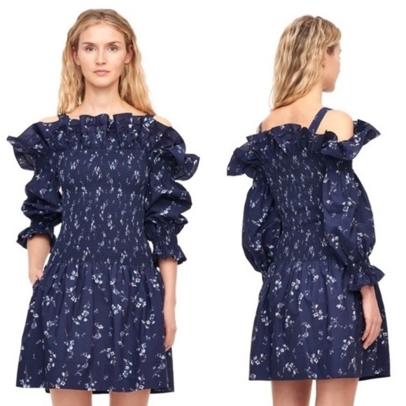 Revolve REBECCA TAYLOR Francine Off Shoulder Dress Floral Smocked Navy Blue 0 - Picture 16 of 16